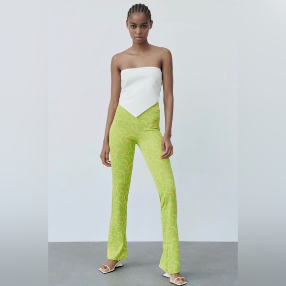 Zara| Neon Green Marbled 70’s Style Wide Leg Pull On Pants, Flare w Slit•••NWT - Picture 1 of 16